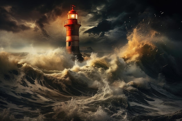 Vieux phare contre une mer agitée