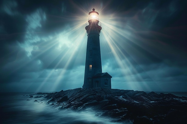 Photo un vieux phare hanté émet des rayons de lumière mystiques à minuit.