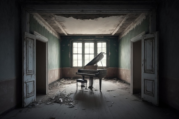 Vieux piano cassé au milieu d'une pièce vide d'une maison abandonnée