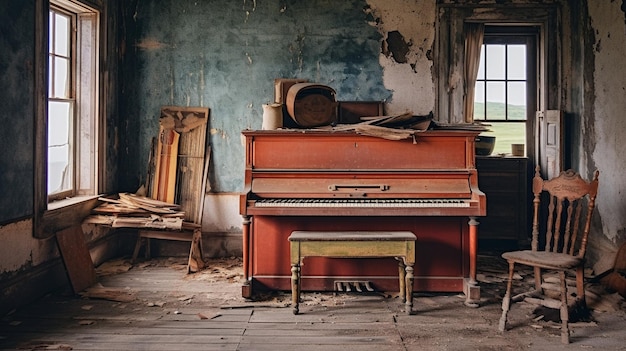 Un vieux piano dans un bâtiment abandonné avec une fenêtre cassée