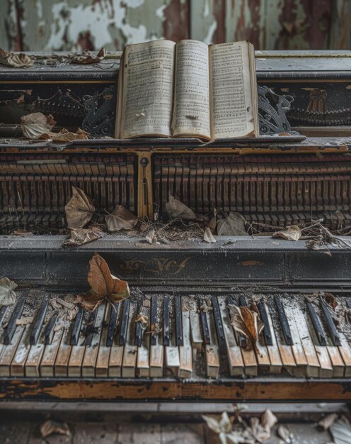 Un vieux piano avec des touches cassées les feuilles de musique ont été déchirées et jetées dans un aban