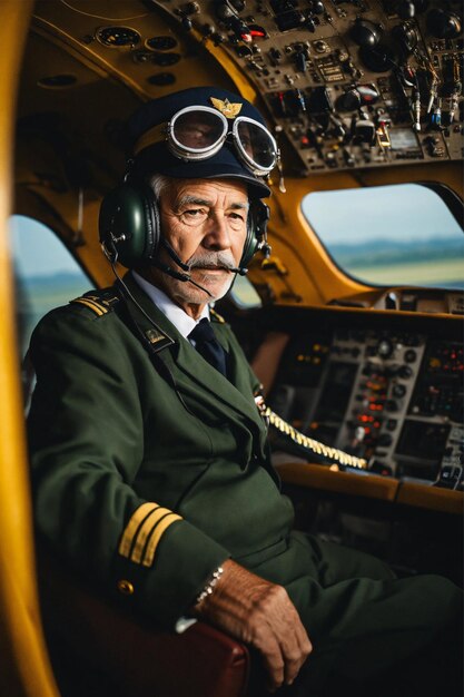 Photo un vieux pilote dans un avion moderne