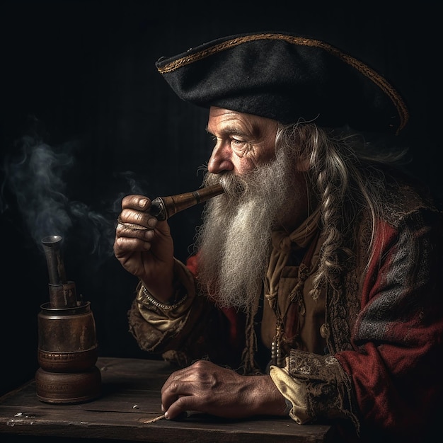 Vieux pirate homme très âgé en vêtements anciens avec un chapeau fumant une pipe vieux gitan en gros plan