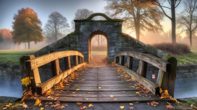 Vieux pont dans le parc brumeux d'automne