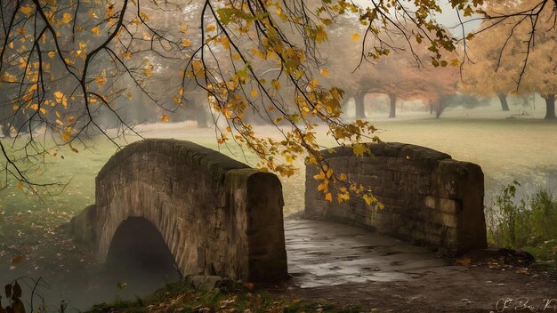 Vieux pont dans le parc brumeux d'automne