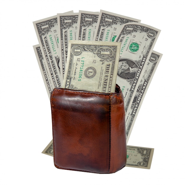 Vieux portefeuille en cuir marron pour homme et billet d&#39;un dollar