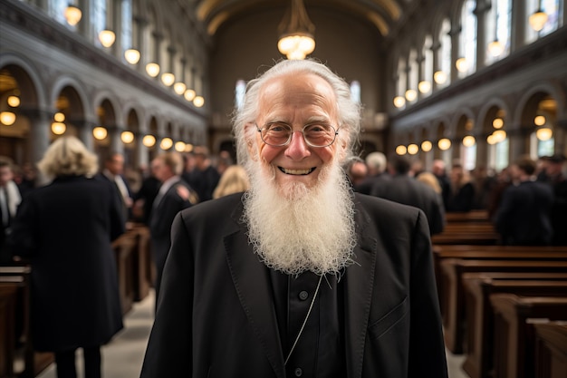 Un vieux prêtre souriant dans une église sur le fond des gens