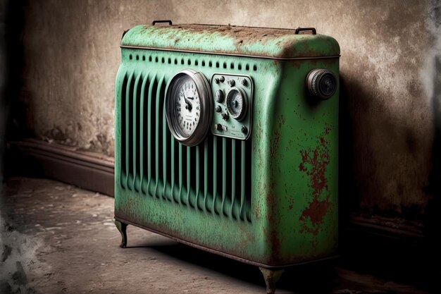 Vieux radiateur de chauffage vert rouillé avec régulateur de température