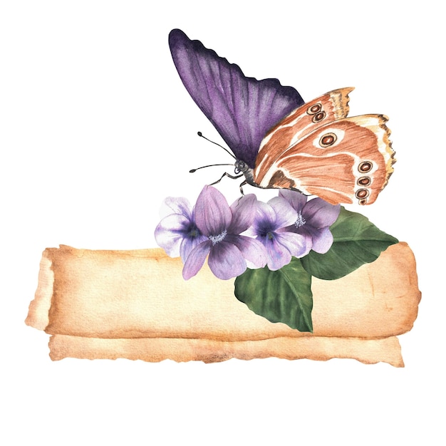 Un vieux rouleau de papier jaunâtre avec des violettes un papillon illustration vintage à l'aquarelle dessinée à la main