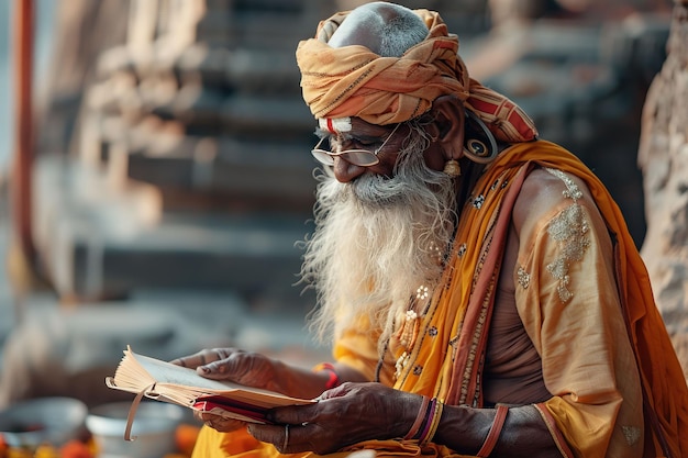 Un vieux saint indien s'asseyant et lisant des textes sacrés près du temple