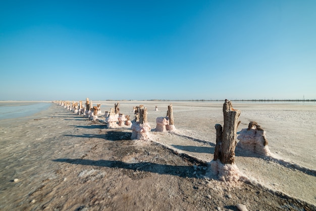 Le vieux sel de baie abandonné fonctionne avec du sel rose et des chevilles en bois patiné. Lac Sasyk-Sivash, Crimée.