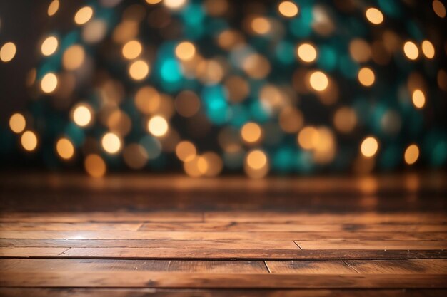 Le vieux sol en bois brun sur la toile de fond bokeh de Noël