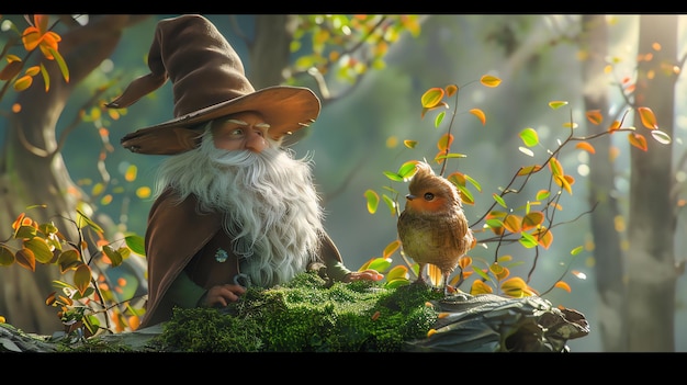 Photo un vieux sorcier sage est assis sur un tronc de mousse dans la forêt profondément en pensée il porte un grand chapeau pointu et une longue robe flottante