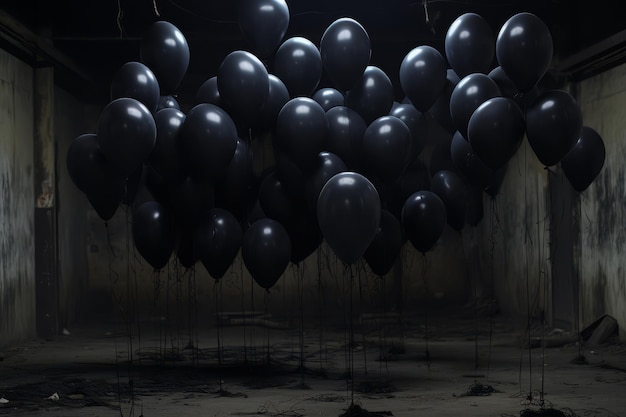 Vieux sous-sol sombre avec un tas de bannière d'affiche de ballons d'hélium noirs pour la fête d'Halloween