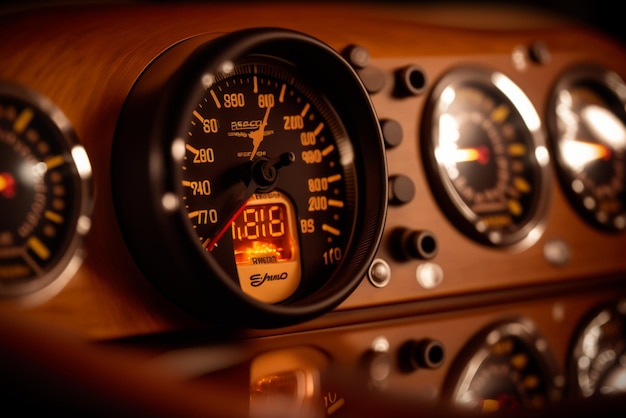 Un vieux tableau de bord de voiture avec un compteur de vitesse représentant la mécanique automobile et l'ingénierie