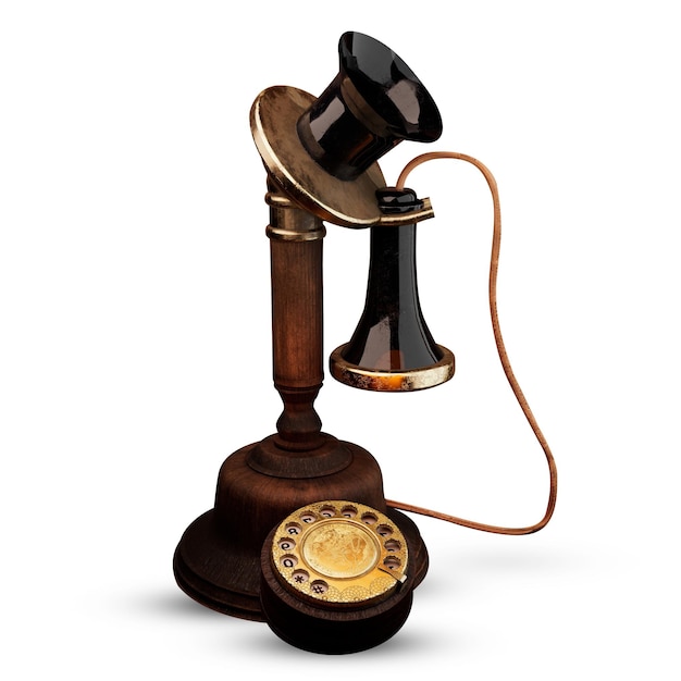 Vieux téléphone antique en noir et marron isolé sur fond blanc