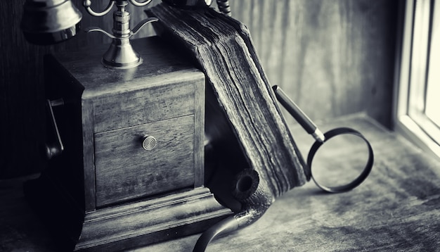 Vieux téléphone et livre rétro sur le bureau. Le téléphone du passé sur un vieux comptoir en bois. Les appels téléphoniques interurbains du 19e siècle.