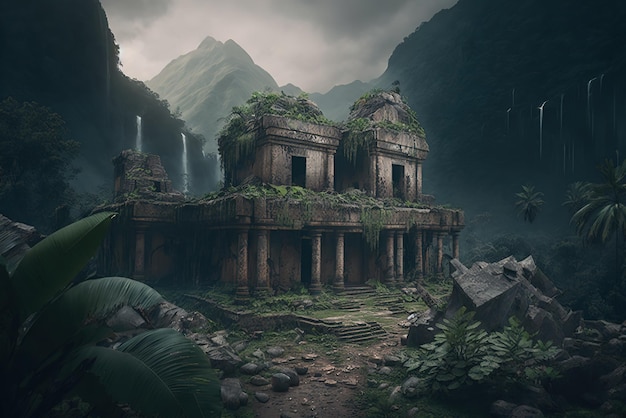 Un vieux temple en ruine dans une jungle dense et luxuriante avec des montagnes au loin