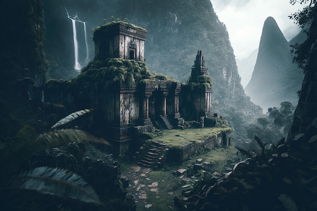 Un vieux temple en ruine dans une jungle dense et luxuriante avec des montagnes au loin