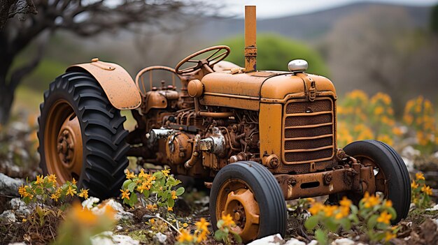 un vieux tracteur dans un champ de fleurs