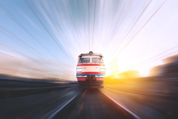 Vieux train de banlieue en mouvement sur fond de lever de soleil coucher de soleil Chemin de fer ukrainien