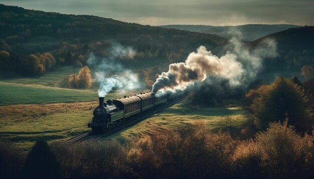 Photo un vieux train à vapeur traverse le paysage de montagne rural généré par l'ia