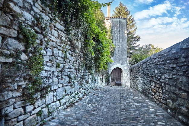 Photo le vieux trottoir de pierre la route qui mène à la maison avec des portes en bois