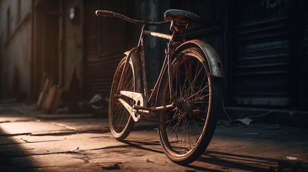 Un vieux vélo est garé dans un bâtiment abandonné.