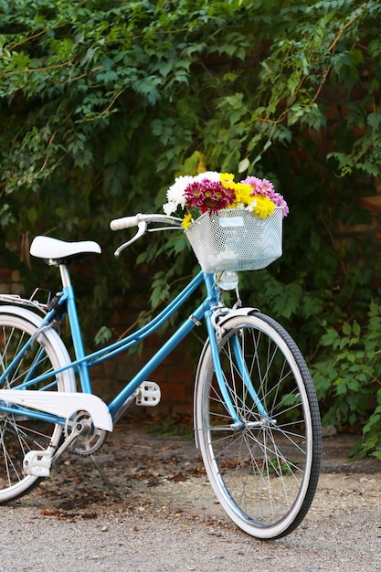 Vieux vélo avec des fleurs dans un panier en métal sur le vieux fond de mur