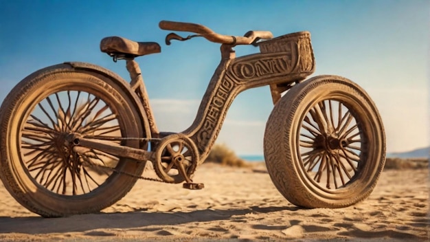 un vieux vélo avec des formes sculptées et en bois sur le sable.