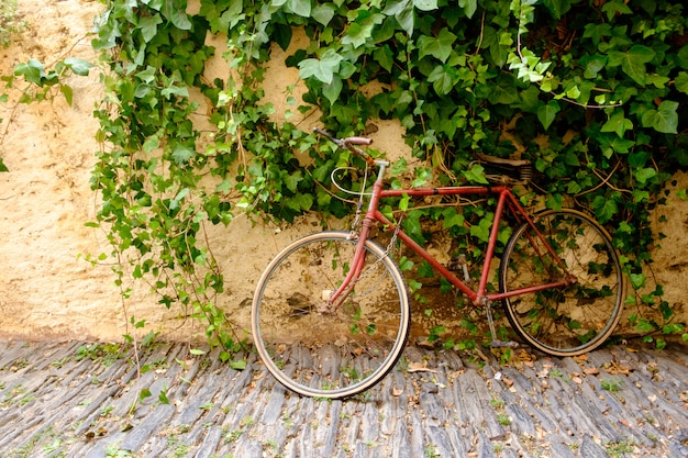 Vieux vélo rouge contre un vieux mur