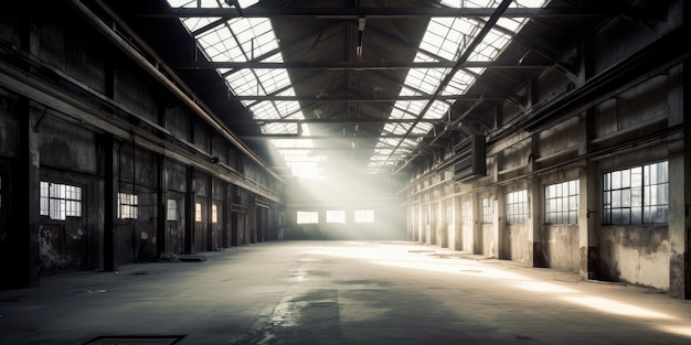 Un vieux et vide entrepôt industriel brumeux