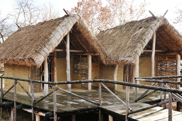Vieux village authentique avec des maisons en bois et de la paille sur le toit