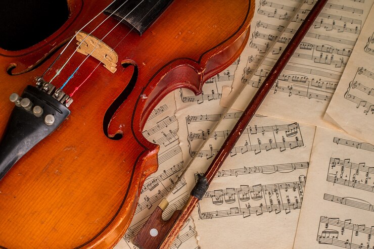 Vieux violon allongé sur la feuille de musique