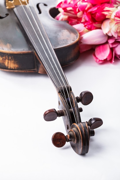 Photo vieux violon noir avec des tulipes sur blanc