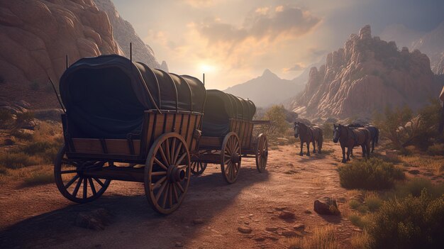 Vieux wagon au milieu de canyons paysage concept de Far West Generative AI