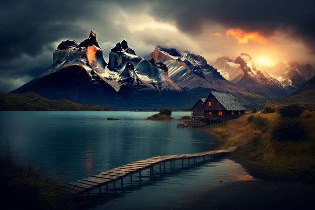 Photo a view of a lake with mountains in the middle