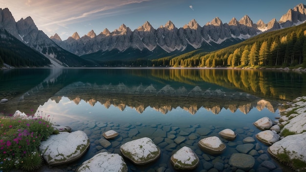 Vigile d'été colorée du lac procès de clic non obscurci des Alpes juliennes AI Generated