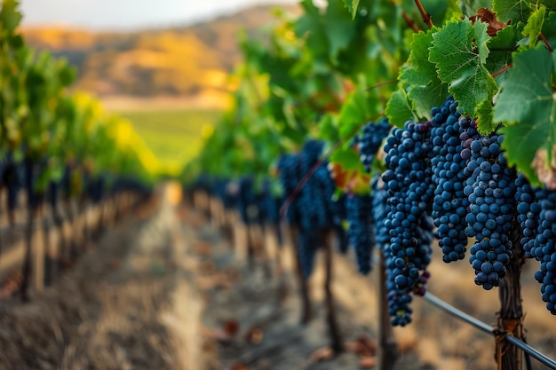 Une vigne au coucher du soleil avec des raisins mûrs prêts à la récolte dans un paysage idyllique