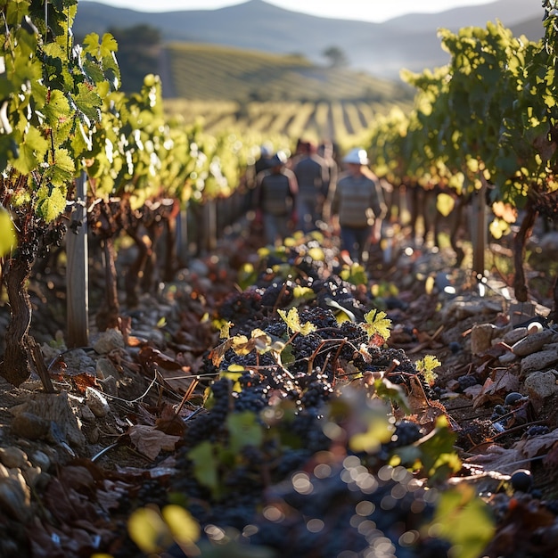 Une vigne étendue à l'époque de la moisson avec des ouvriers dans les champs