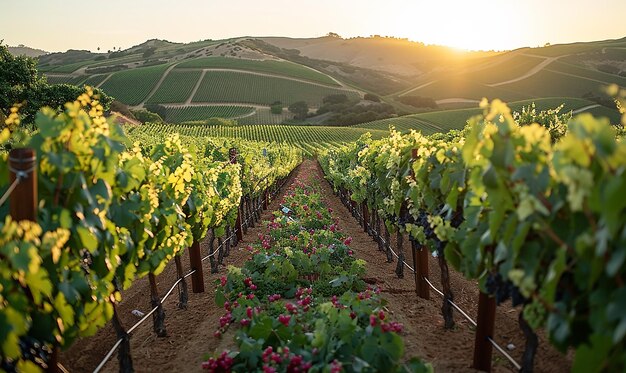 une vigne avec des raisins et un vignoble en arrière-plan