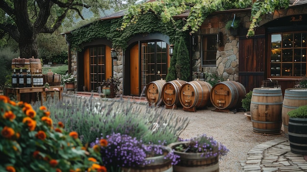 Vigne rustique avec une salle de dégustation et des barils