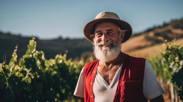 Un vigneron dans le chapeau du Père Noël s'occupe des vignes