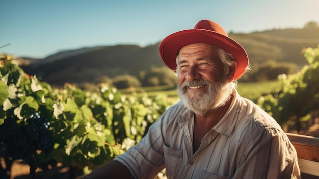 Un vigneron dans le chapeau du Père Noël travaille dans un vignoble pittoresque