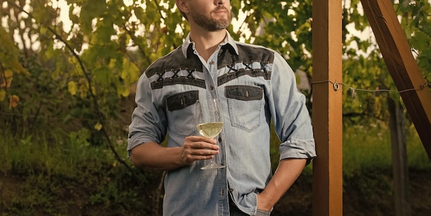 Un vigneron recadré tient un verre à vin à la ferme de raisin en plein air du vignoble