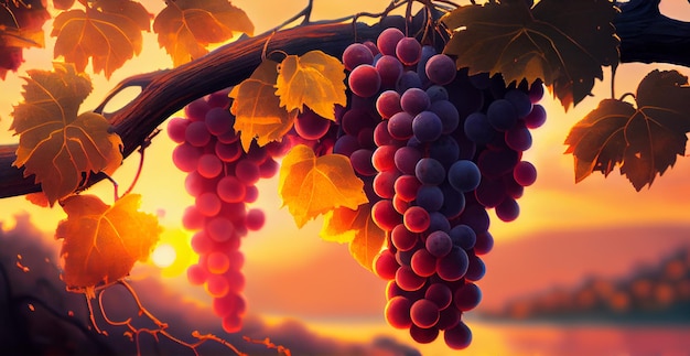 Vignes au coucher du soleil Raisins d'automne mûrs Image générée par l'IA