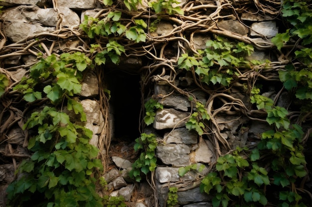 Des vignes enchevêtrées grimpent sur un mur de pierre en ruine.