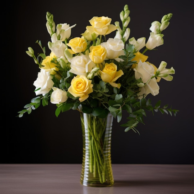 Une vignette élégante, une rose jaune et blanche, un Snapdragon.