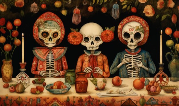 Des vignettes éblouissantes explorant le monde enchanteur de Calaveras sur une ofrenda d'art folklorique mexicain et