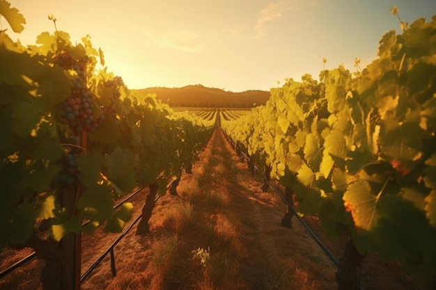 Vignoble au coucher du soleil Rangées de vignes en attente de récolte Illustration générative de l'IA